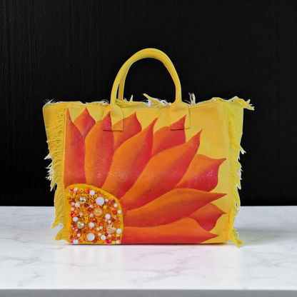 sunny bloom tote, yellow floral tote bag, fringed canvas tote, hand painted flower bag