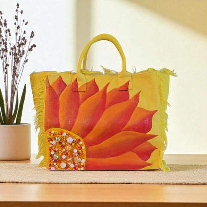 sunny bloom tote, yellow floral tote bag, fringed canvas tote, hand painted flower bag