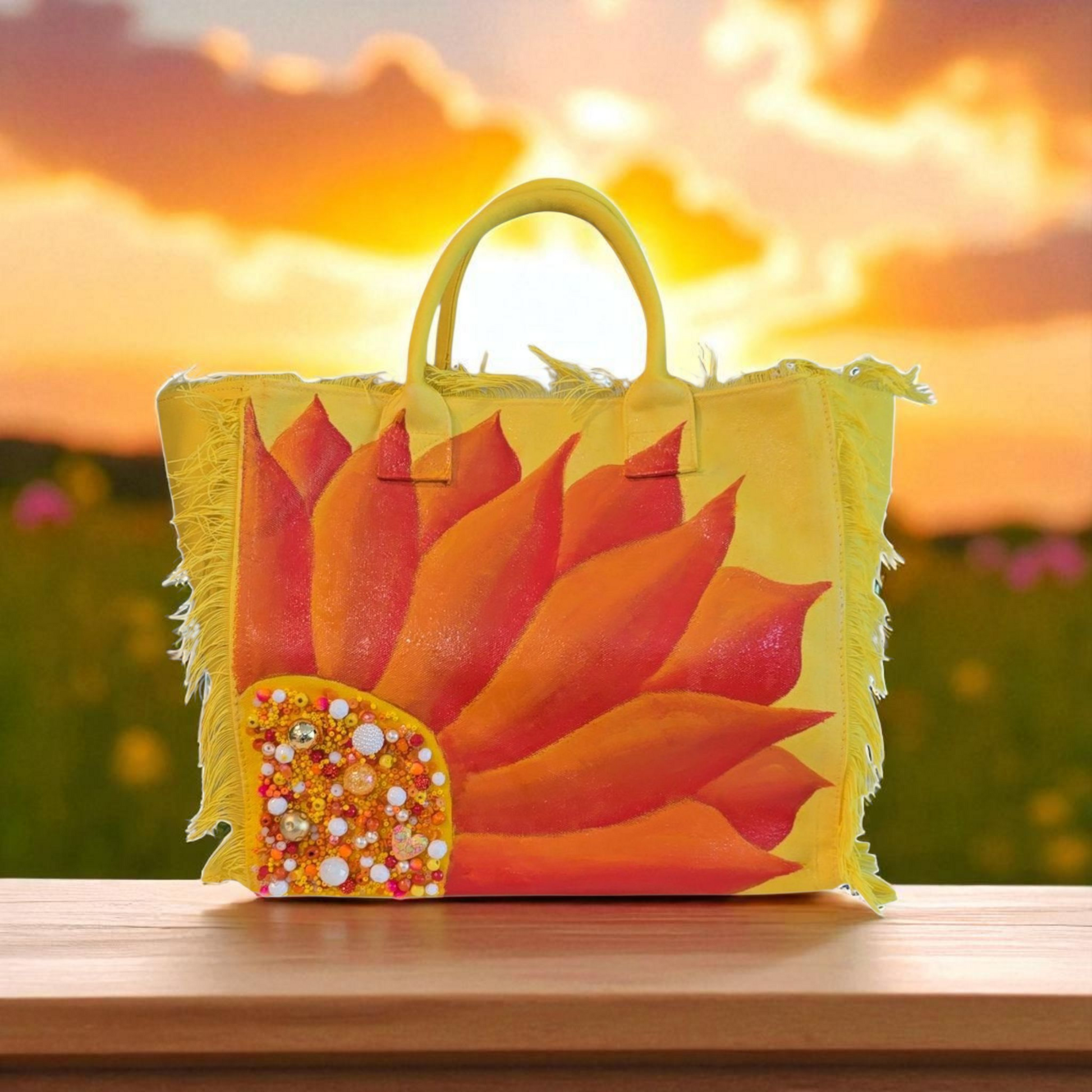Sunny Blooms  Hand Painted and Embellished Fringed Tote Bag
