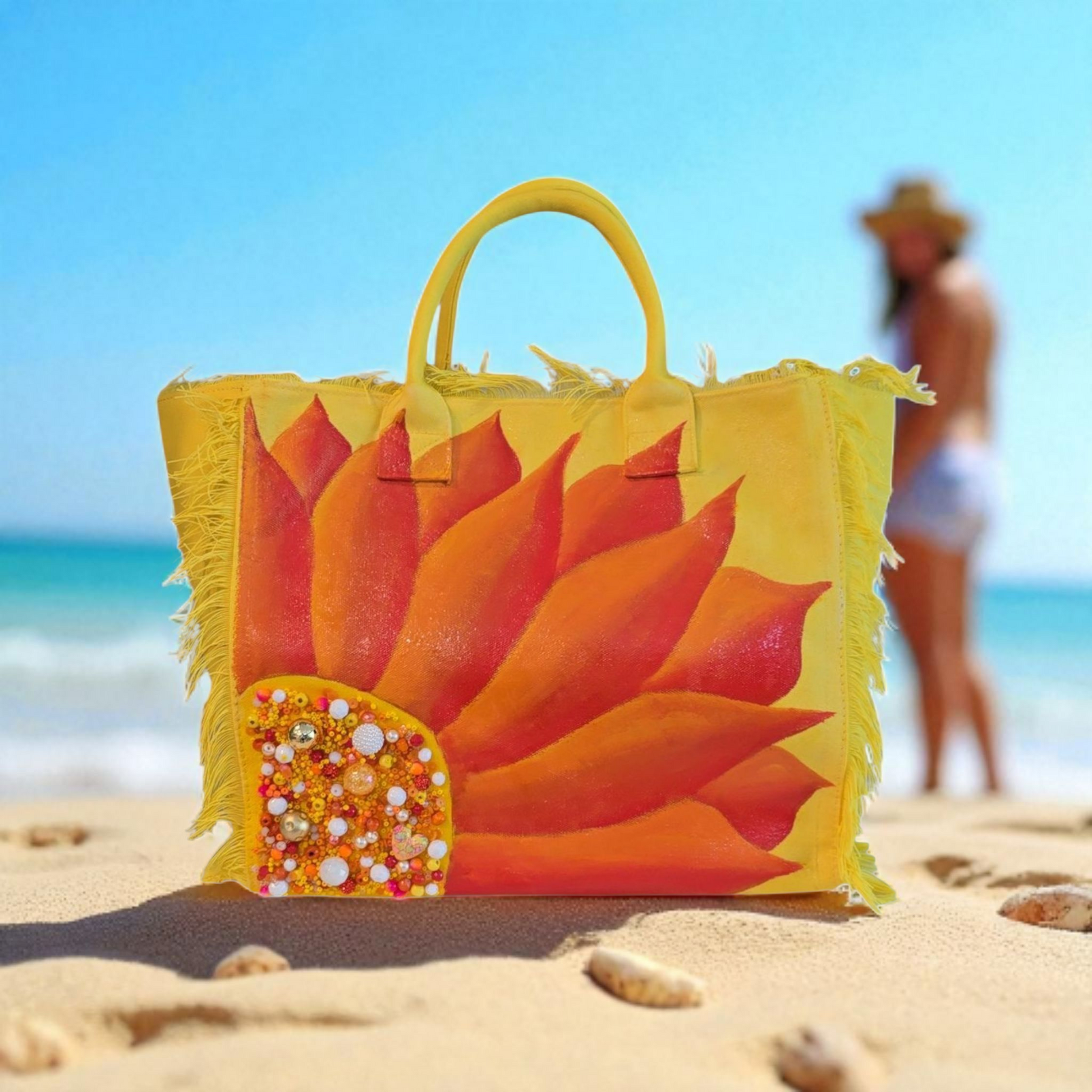 Sunny Blooms  Hand Painted and Embellished Fringed Tote Bag