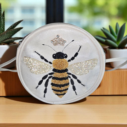 queen bee crossbody bag, bee crossbody purse, white bee purse, hand painted canvas crossbody bag