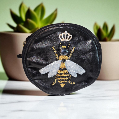 bee crossbody bag, black bee purse, royal bee crossbody, hand painted canvas crossbody bag