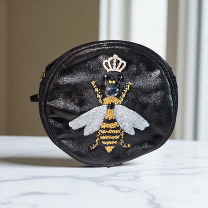 bee crossbody bag, black bee purse, royal bee crossbody, hand painted canvas crossbody bag