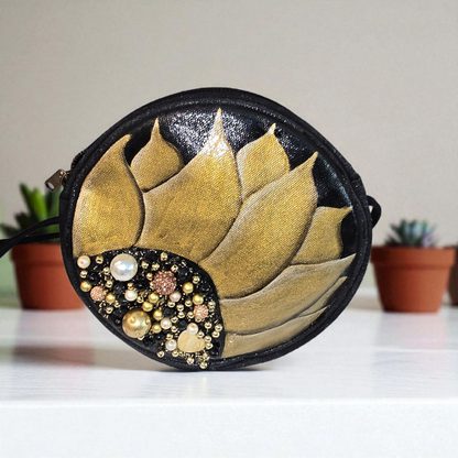 black floral crossbody bag, golden bloom crossbody purse, hand painted canvas crossbody bag
