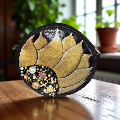 black floral crossbody bag, golden bloom crossbody purse, hand painted canvas crossbody bag