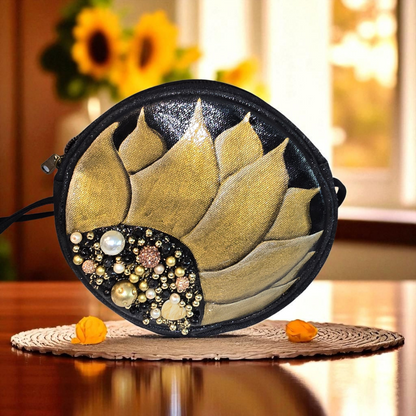 black floral crossbody bag, golden bloom crossbody purse, hand painted canvas crossbody bag