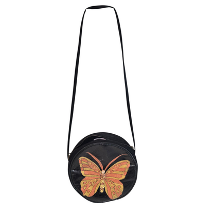 butterfly crossbody bag, gold butterfly purse, black crossbody bag, hand painted canvas crossbody