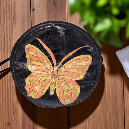 butterfly crossbody bag, gold butterfly purse, black crossbody bag, hand painted canvas crossbody