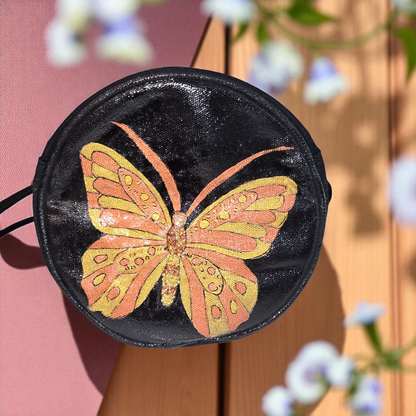 butterfly crossbody bag, gold butterfly purse, black crossbody bag, hand painted canvas crossbody