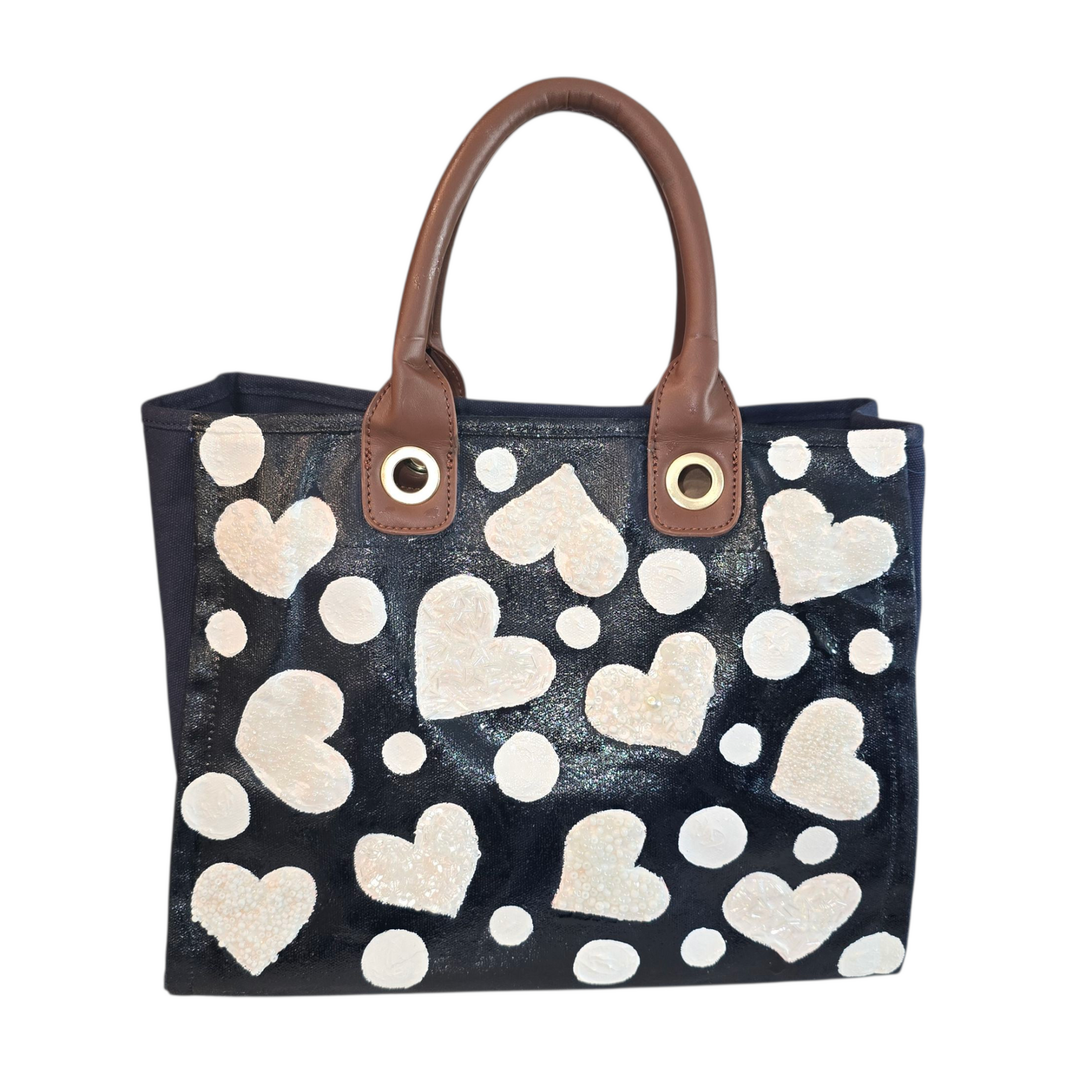 White Hearts Hand Painted -Embellished Canvas Purse