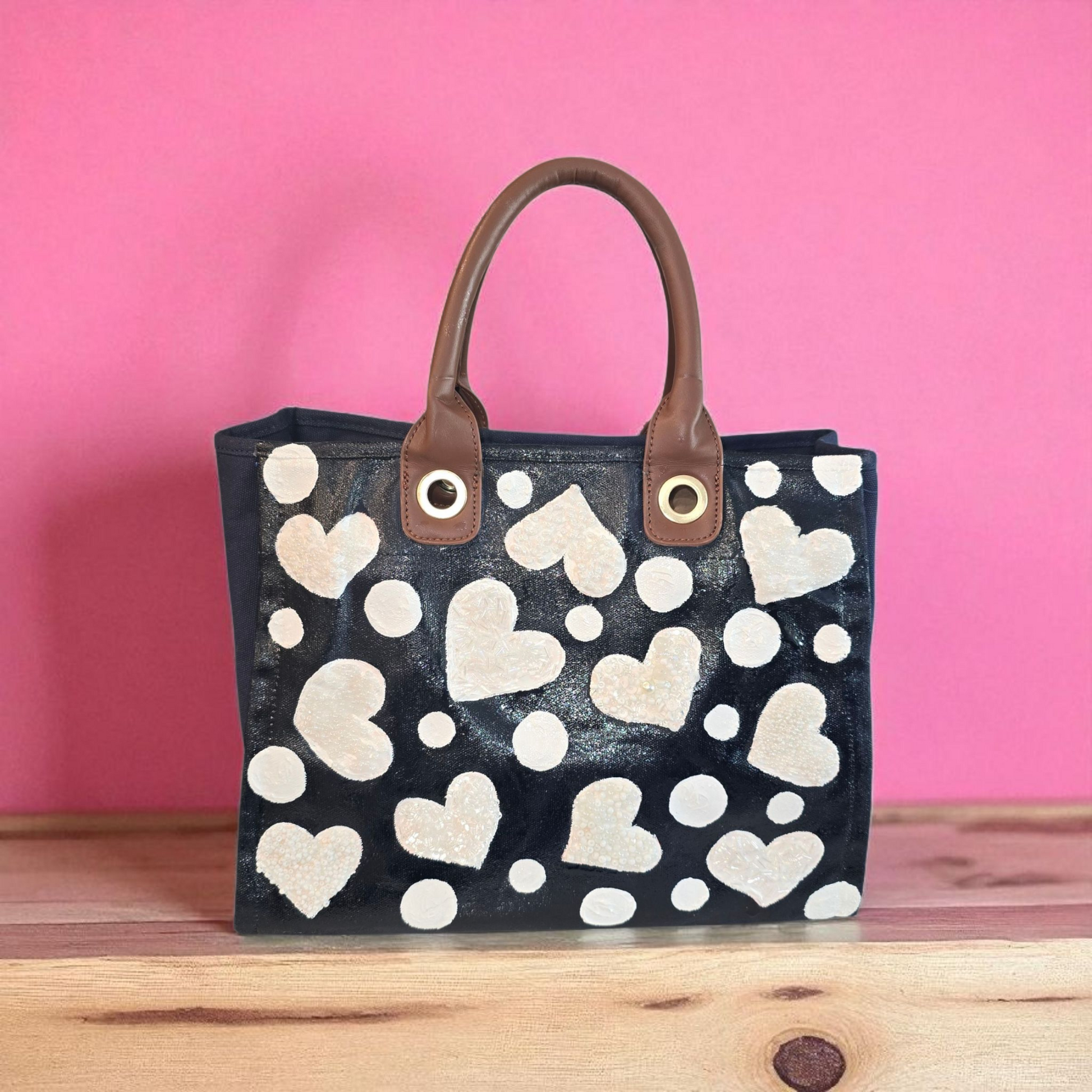White Hearts Hand Painted -Embellished Canvas Purse