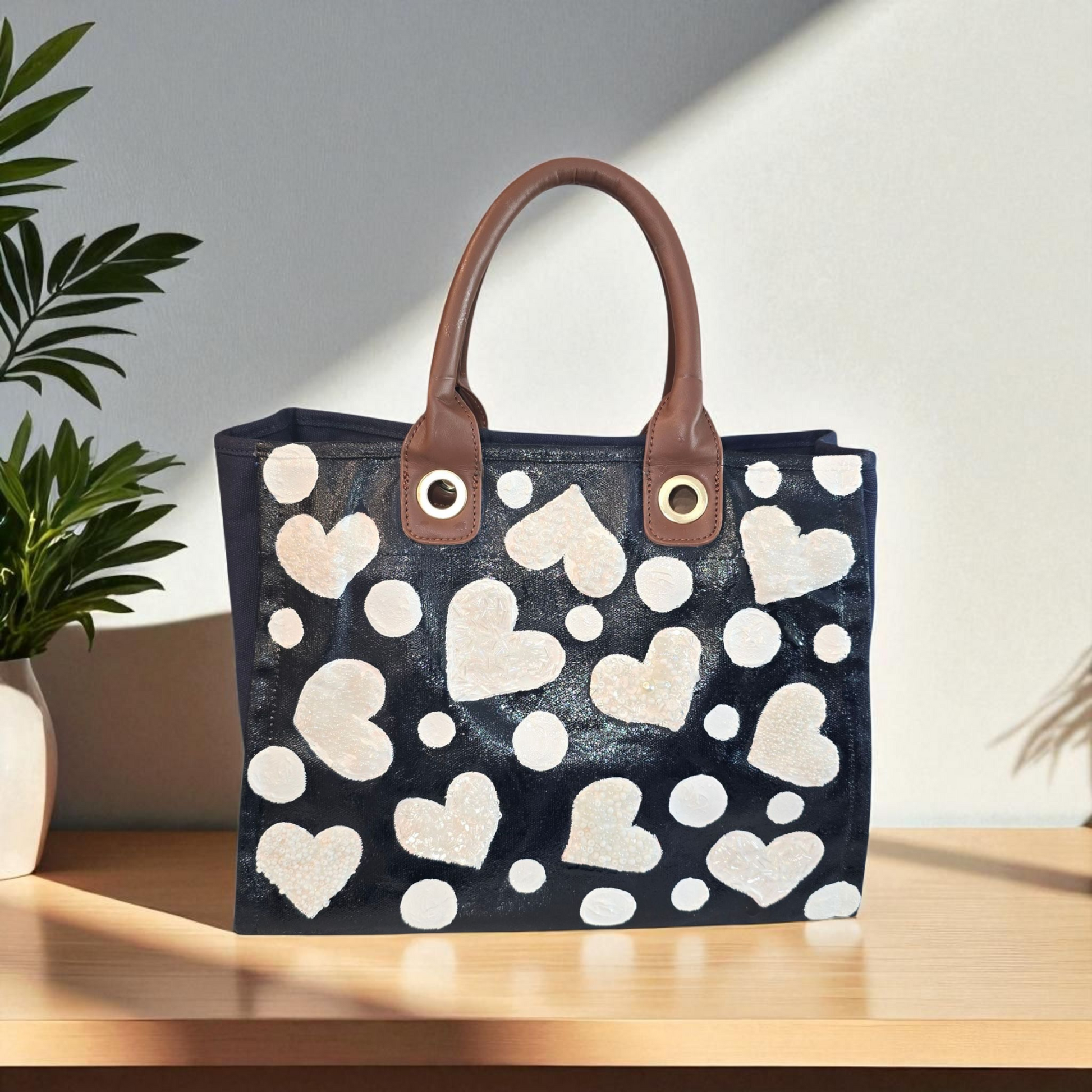 White Hearts Hand Painted -Embellished Canvas Purse