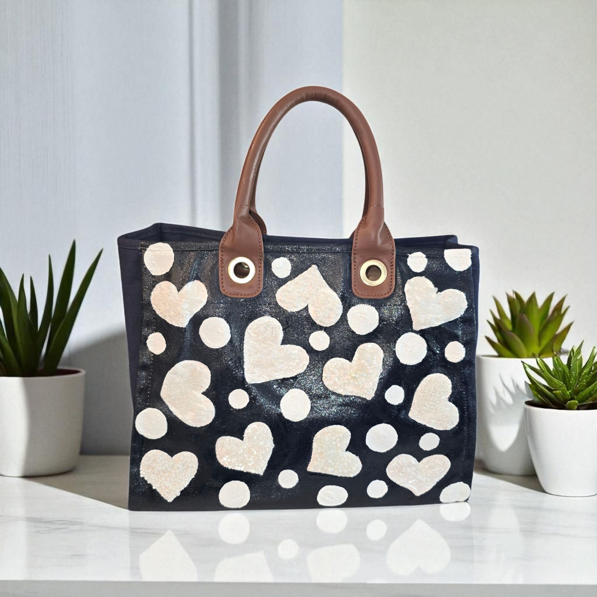 White Hearts Hand Painted -Embellished Canvas Purse