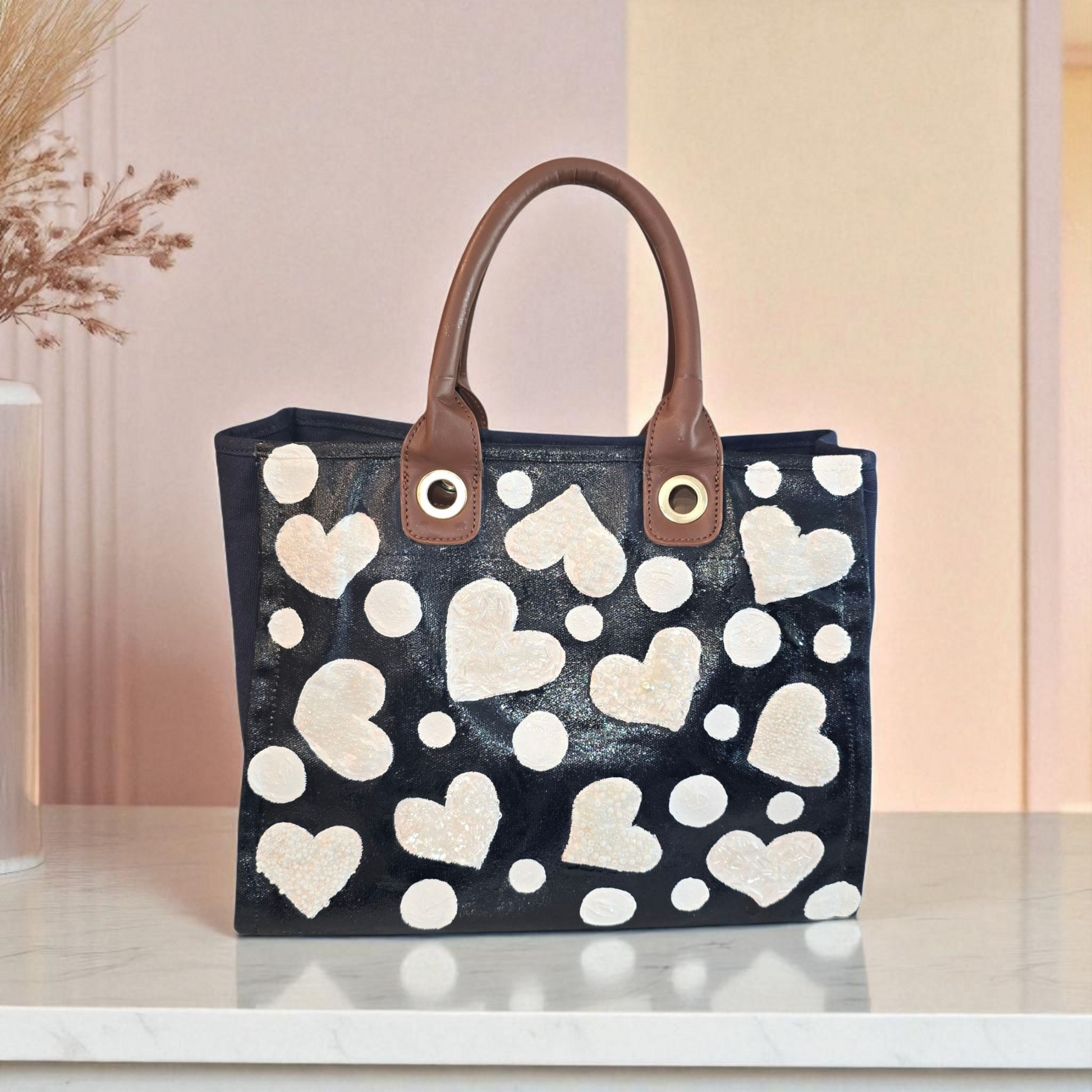 White Hearts Hand Painted -Embellished Canvas Purse