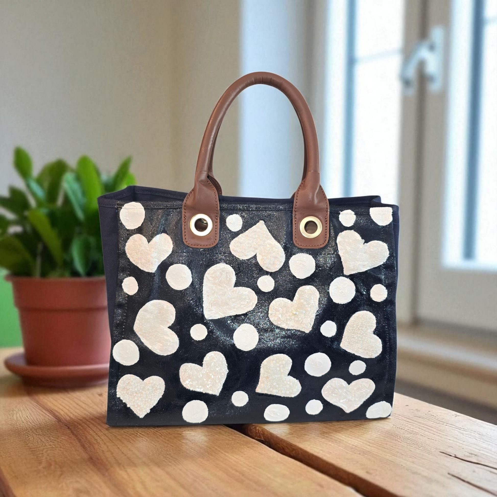 White Hearts Hand Painted -Embellished Canvas Purse