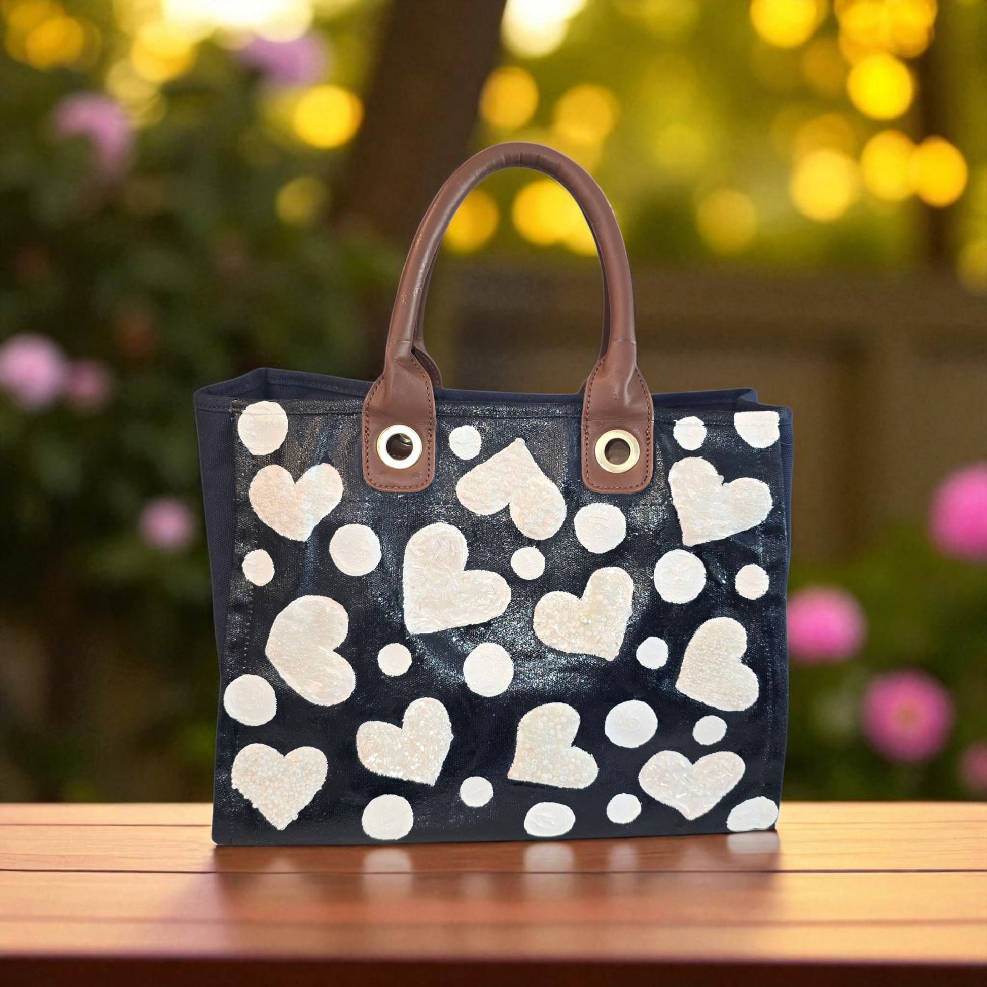 White Hearts Hand Painted -Embellished Canvas Purse