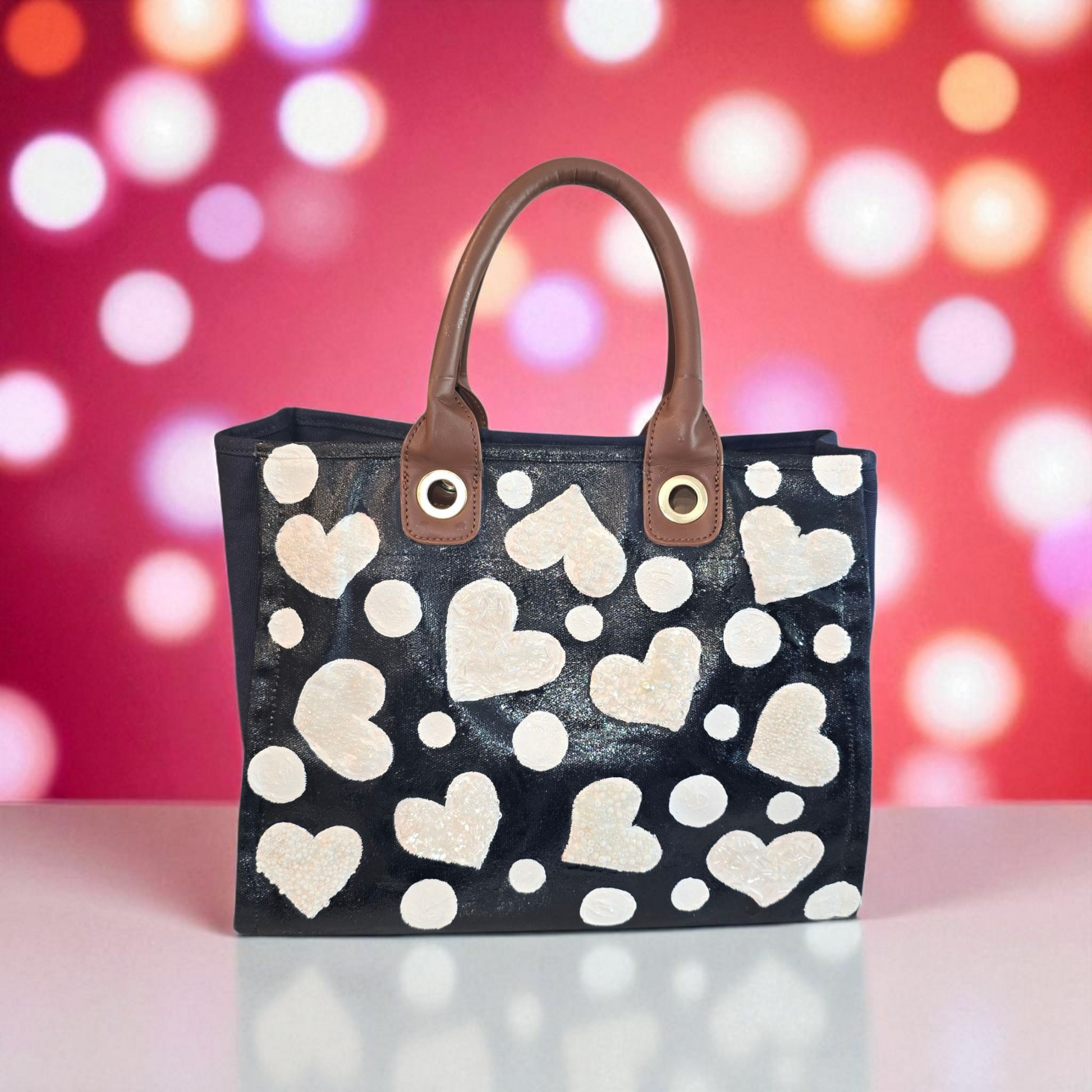 White Hearts Hand Painted -Embellished Canvas Purse