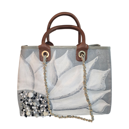 floral canvas purse, gray canvas handbag, silver flower purse, hand painted canvas purse