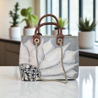 floral canvas purse, gray canvas handbag, silver flower purse, hand painted canvas purse