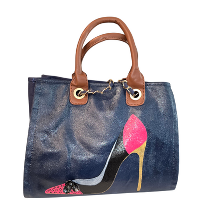 stiletto purse, shoe handbag, blue canvas purse, hand painted canvas purse