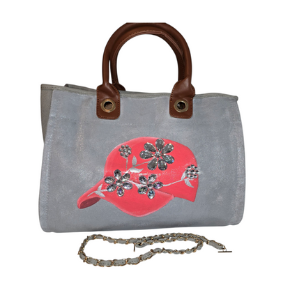baseball hat purse, gray canvas handbag, jeweled purse, hand painted canvas purse