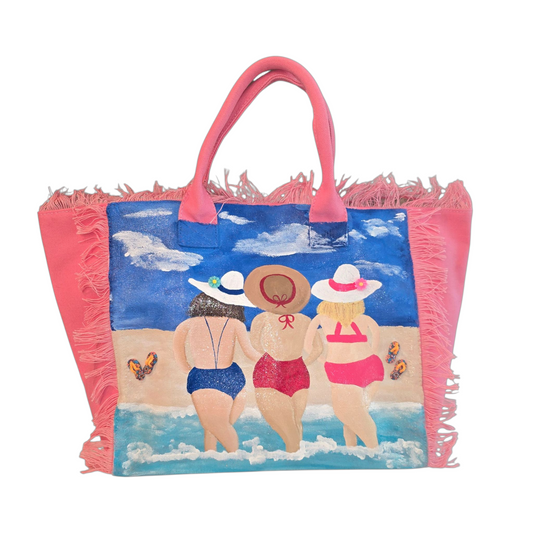 girlfriends tote bag, pink friends tote bag, fringed canvas tote, hand painted friends bag