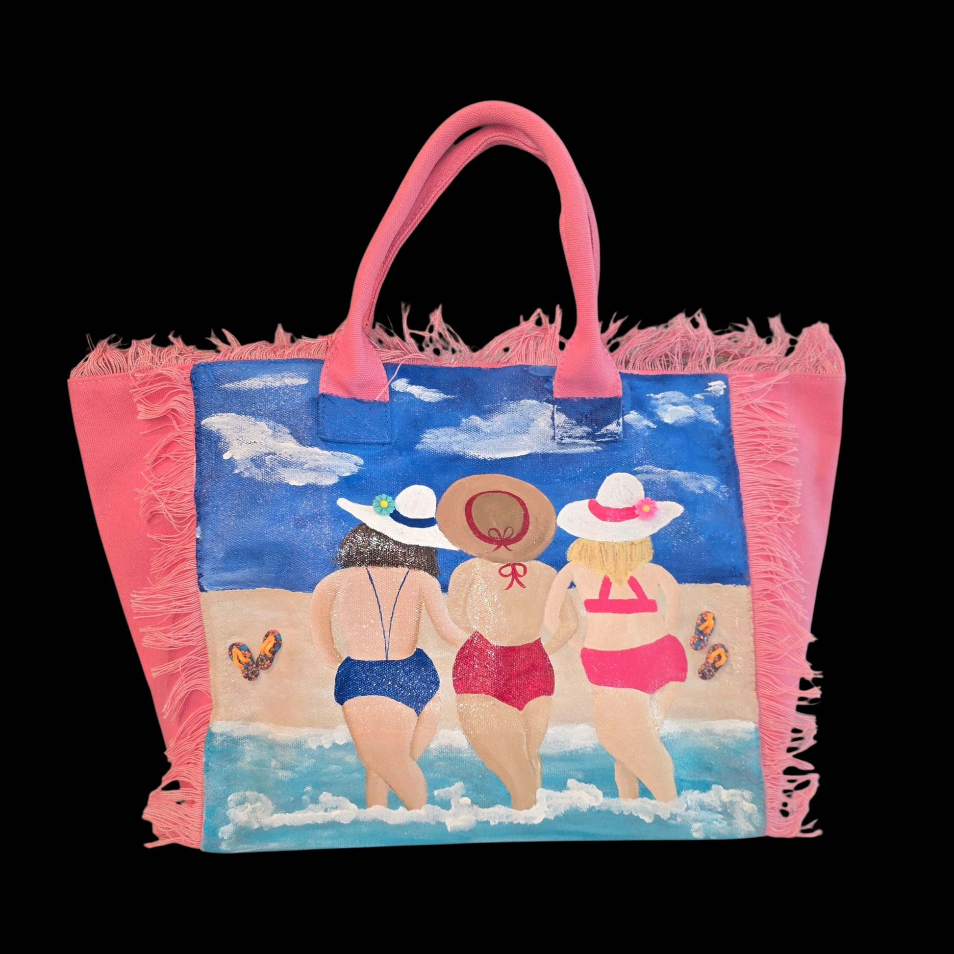 girlfriends tote bag, pink friends tote bag, fringed canvas tote, hand painted friends bag