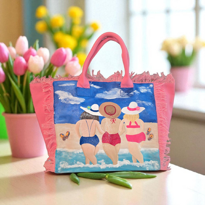 girlfriends tote bag, pink friends tote bag, fringed canvas tote, hand painted friends bag