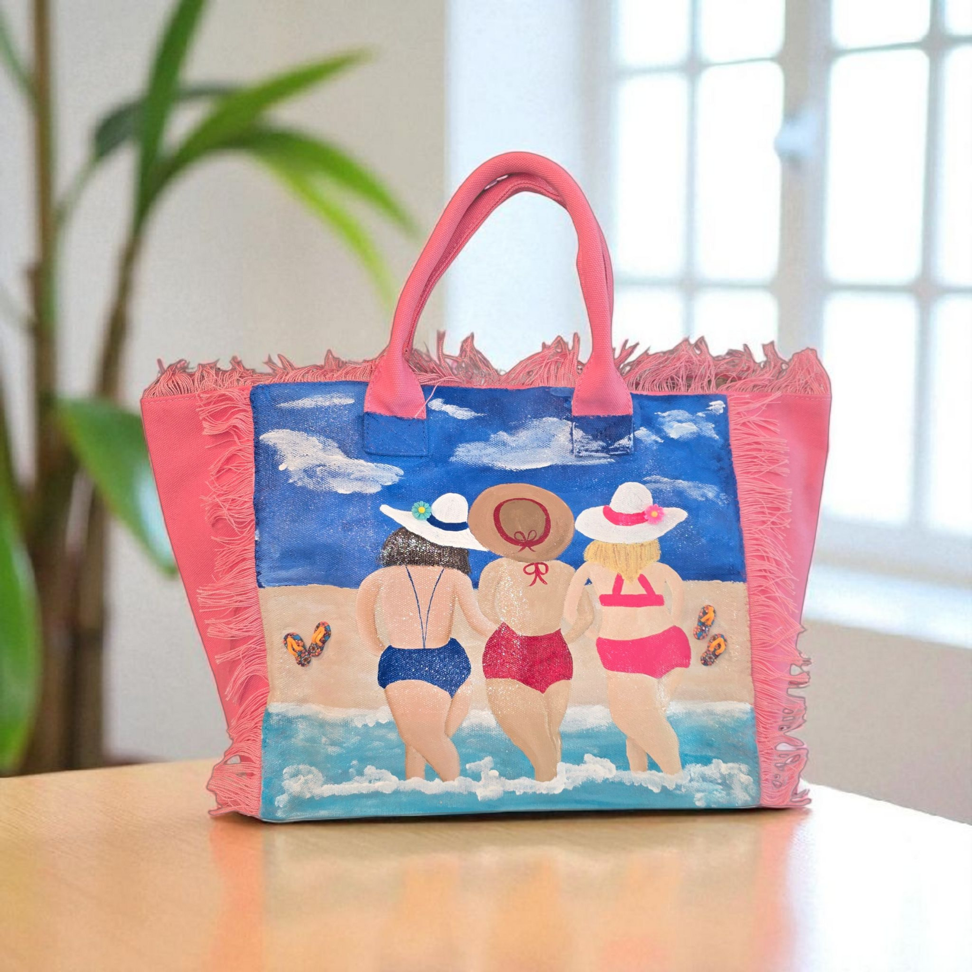 girlfriends tote bag, pink friends tote bag, fringed canvas tote, hand painted friends bag