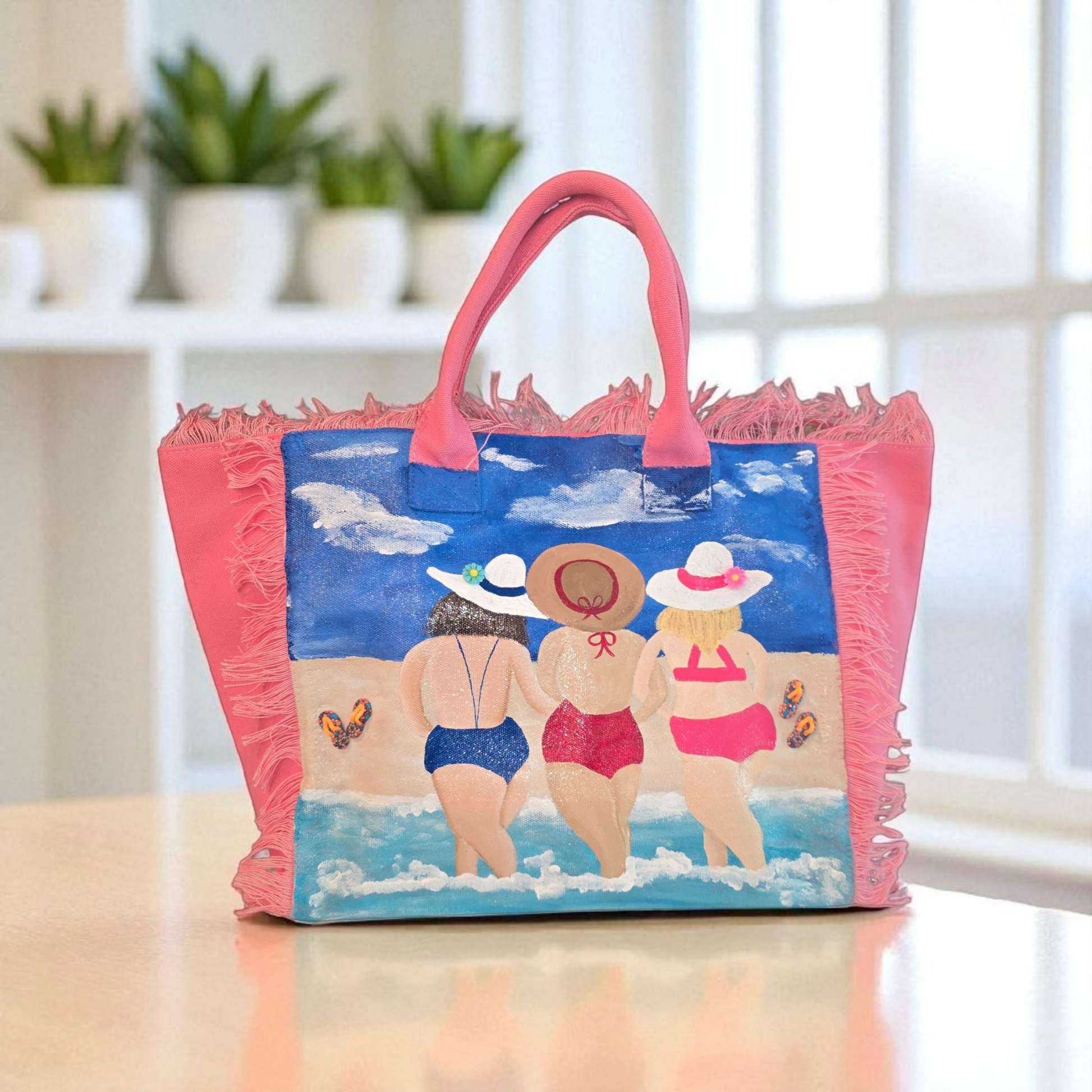 girlfriends tote bag, pink friends tote bag, fringed canvas tote, hand painted friends bag