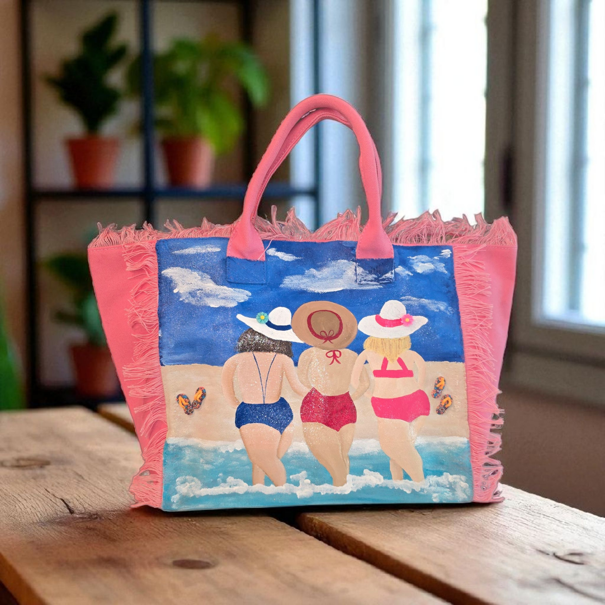 girlfriends tote bag, pink friends tote bag, fringed canvas tote, hand painted friends bag
