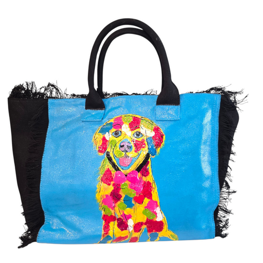 yellow lab tote bag, labrador dog tote, fringed dog tote, black dog tote bag