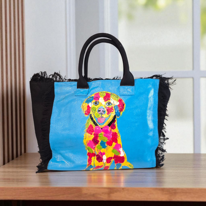 yellow lab tote bag, labrador dog tote, fringed dog tote, black dog tote bag