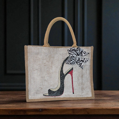 Hand-painted jute tote bag featuring a black stiletto heel with red sole and a zebra-print bow, designed by Dana’s Uncommon Glass