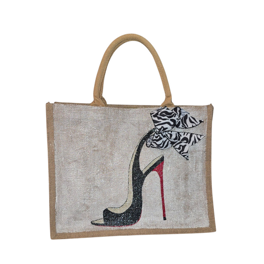 Black & White Zebra Bow Stiletto Tote Bag – Hand Painted Jute Market Bag
