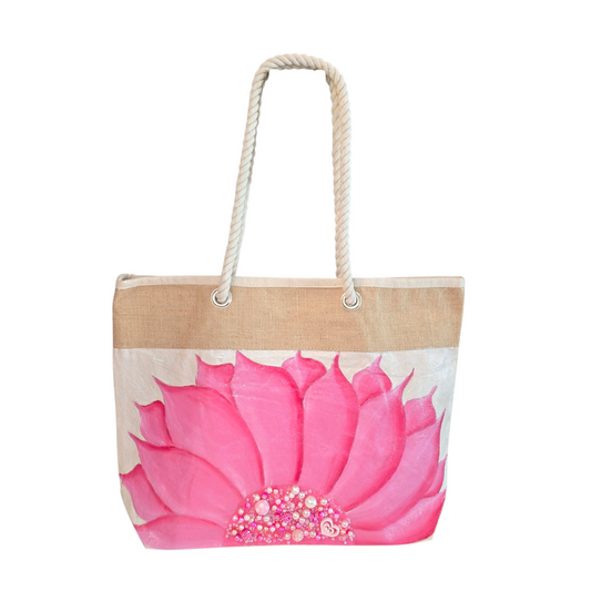 Hand-painted rope handle tote bag featuring a bright pink sunflower with bead embellishments.