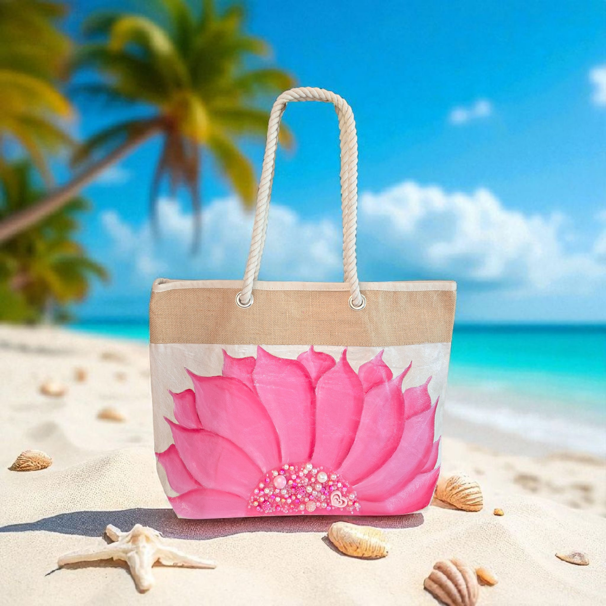 Hand-painted rope handle tote bag featuring a bright pink sunflower with bead embellishments.
