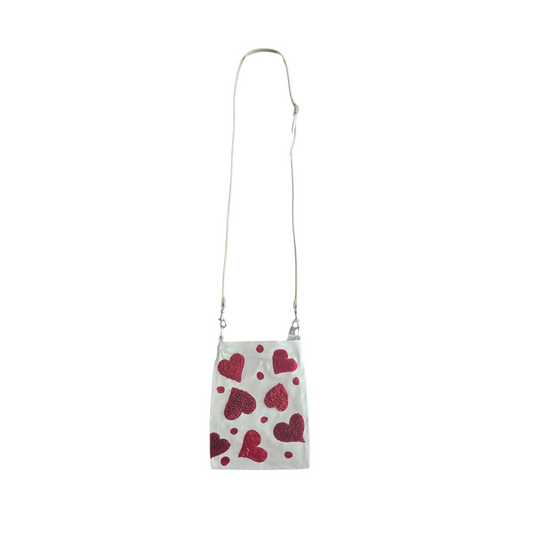Red Hearts & Dots Small Canvas Crossbody Purse Hand-Painted Valentine Design – Leather Strap