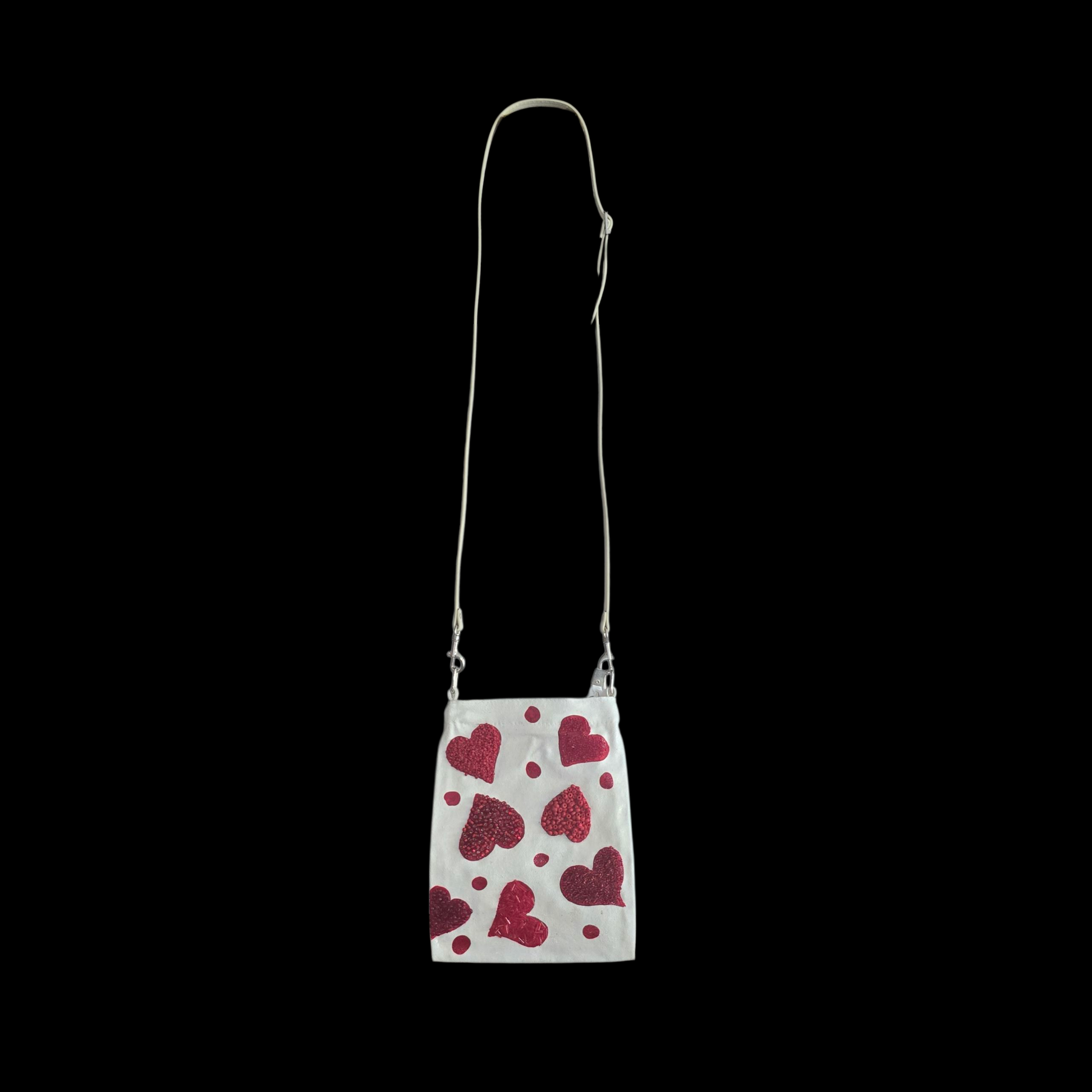 Red Hearts & Dots Small Canvas Crossbody Purse Hand-Painted Valentine Design – Leather Strap