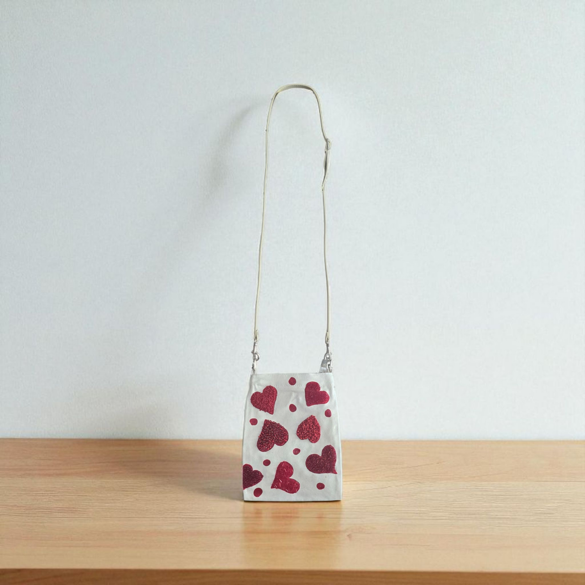 Red Hearts & Dots Small Canvas Crossbody Purse Hand-Painted Valentine Design – Leather Strap