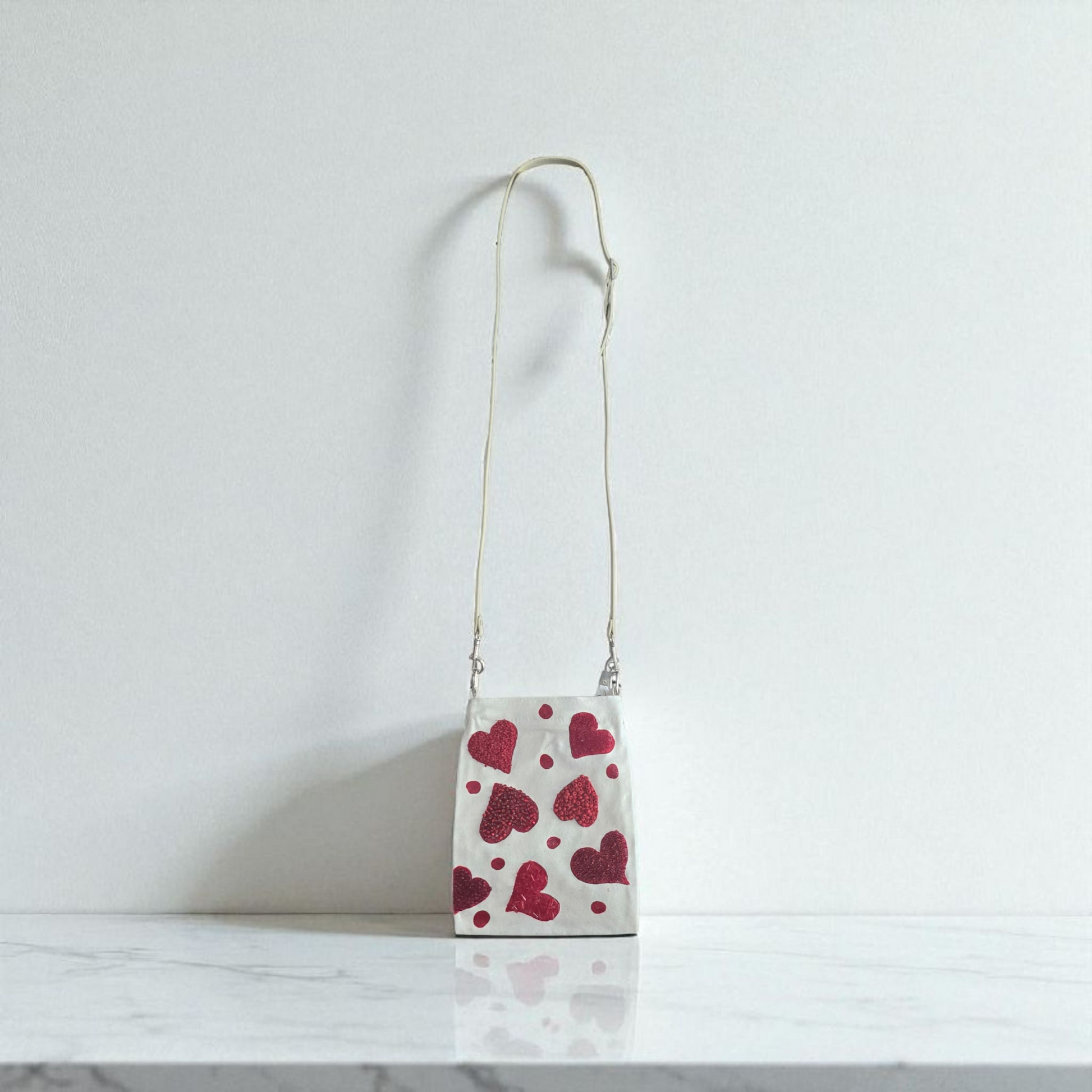 Red Hearts & Dots Small Canvas Crossbody Purse Hand-Painted Valentine Design – Leather Strap