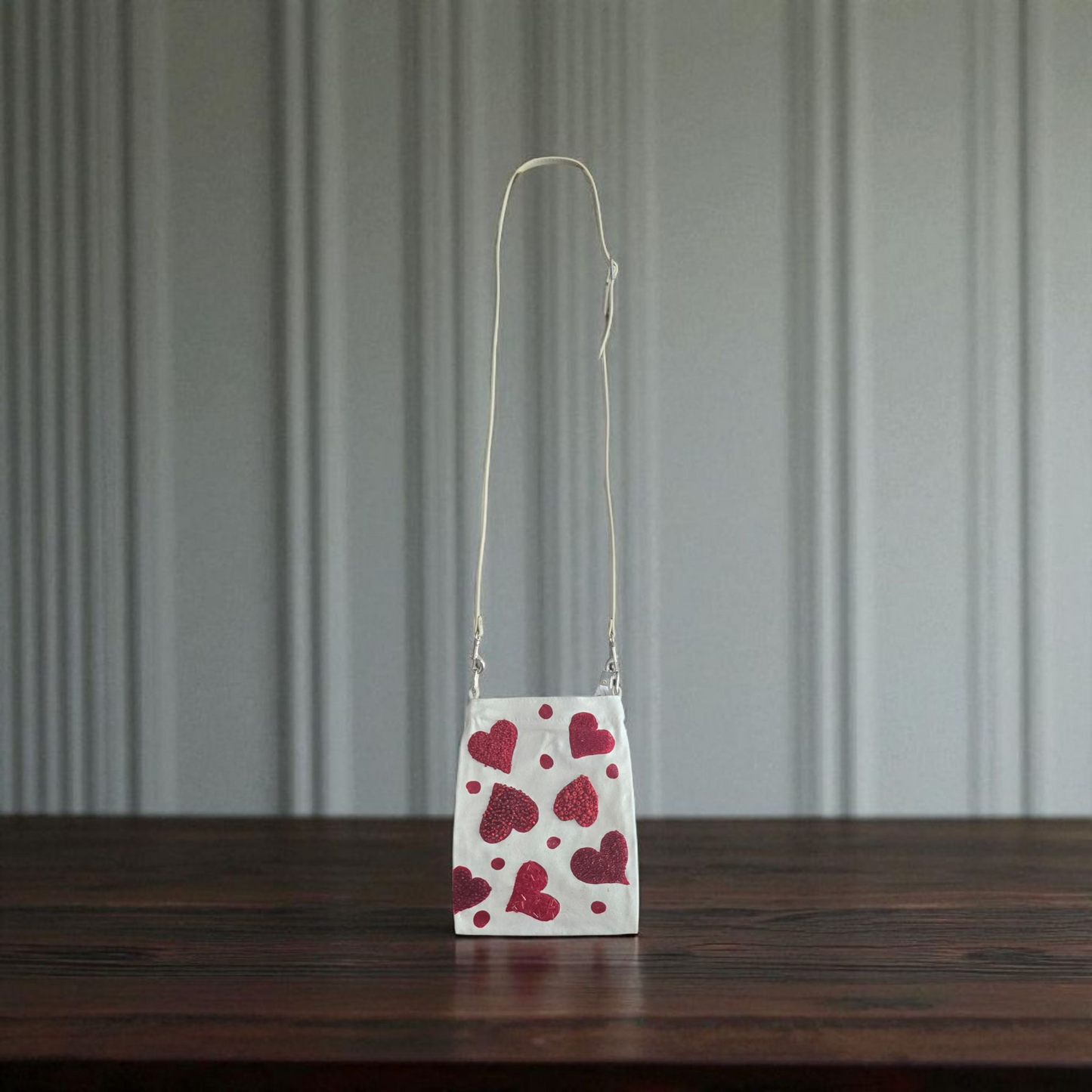 Red Hearts & Dots Small Canvas Crossbody Purse Hand-Painted Valentine Design – Leather Strap