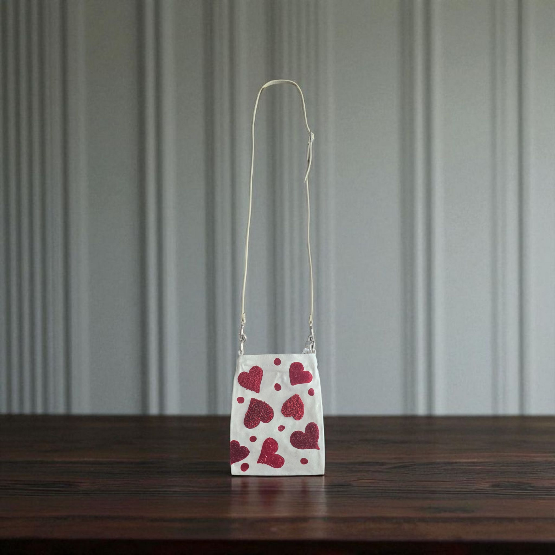 Red Hearts & Dots Small Canvas Crossbody Purse Hand-Painted Valentine Design – Leather Strap