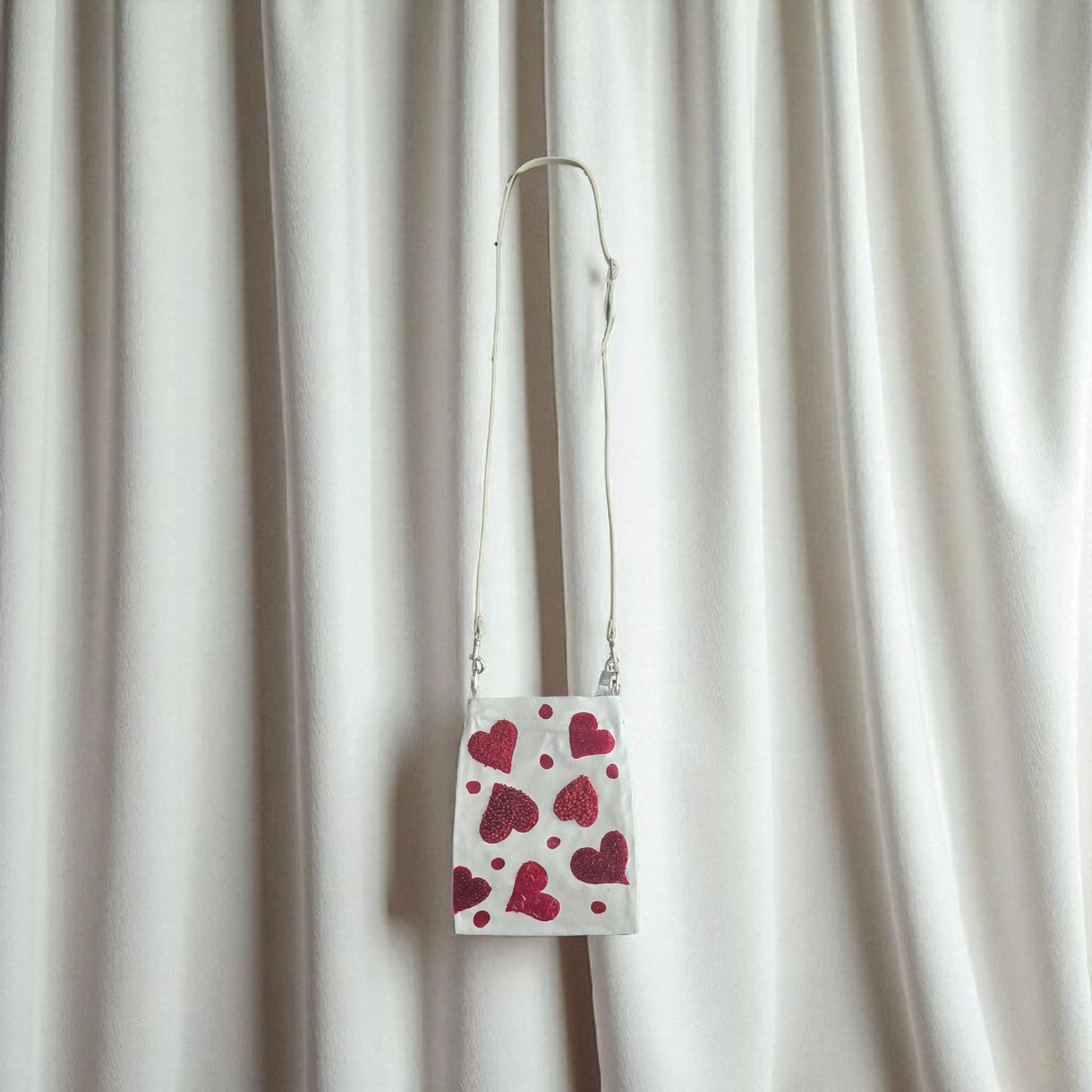 Red Hearts & Dots Small Canvas Crossbody Purse Hand-Painted Valentine Design – Leather Strap