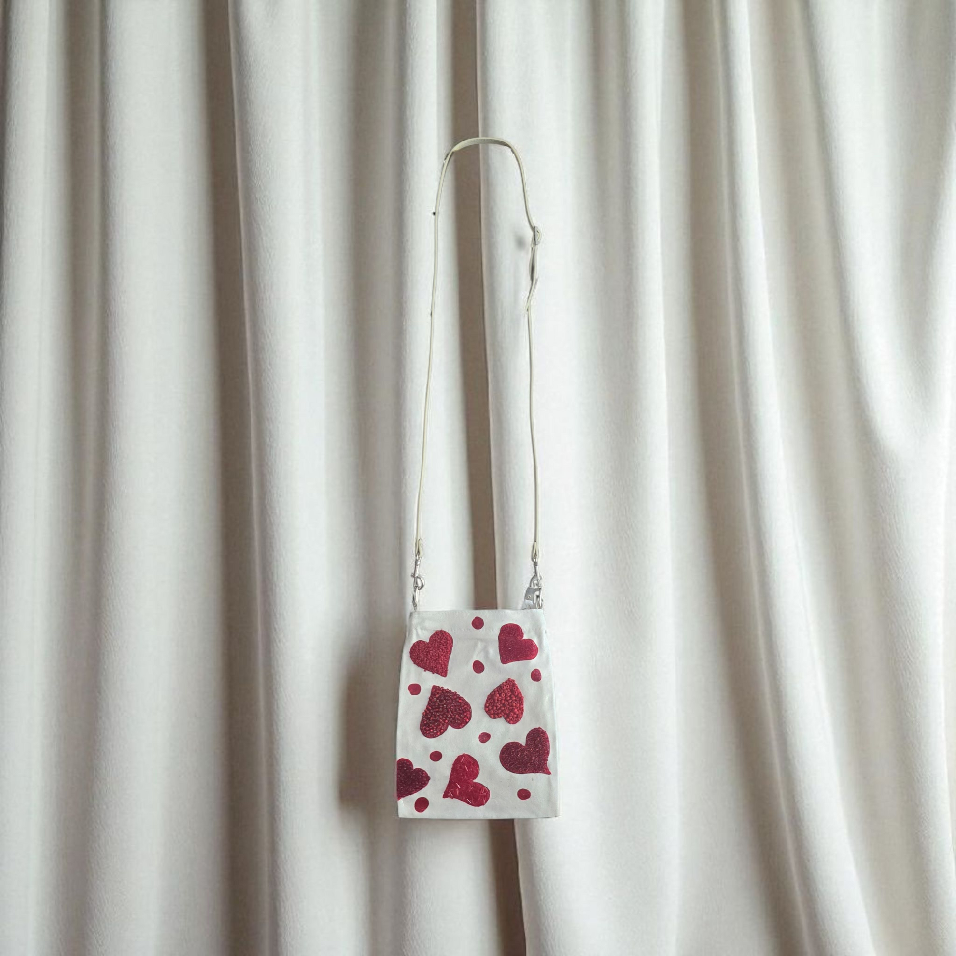 Red Hearts & Dots Small Canvas Crossbody Purse Hand-Painted Valentine Design – Leather Strap