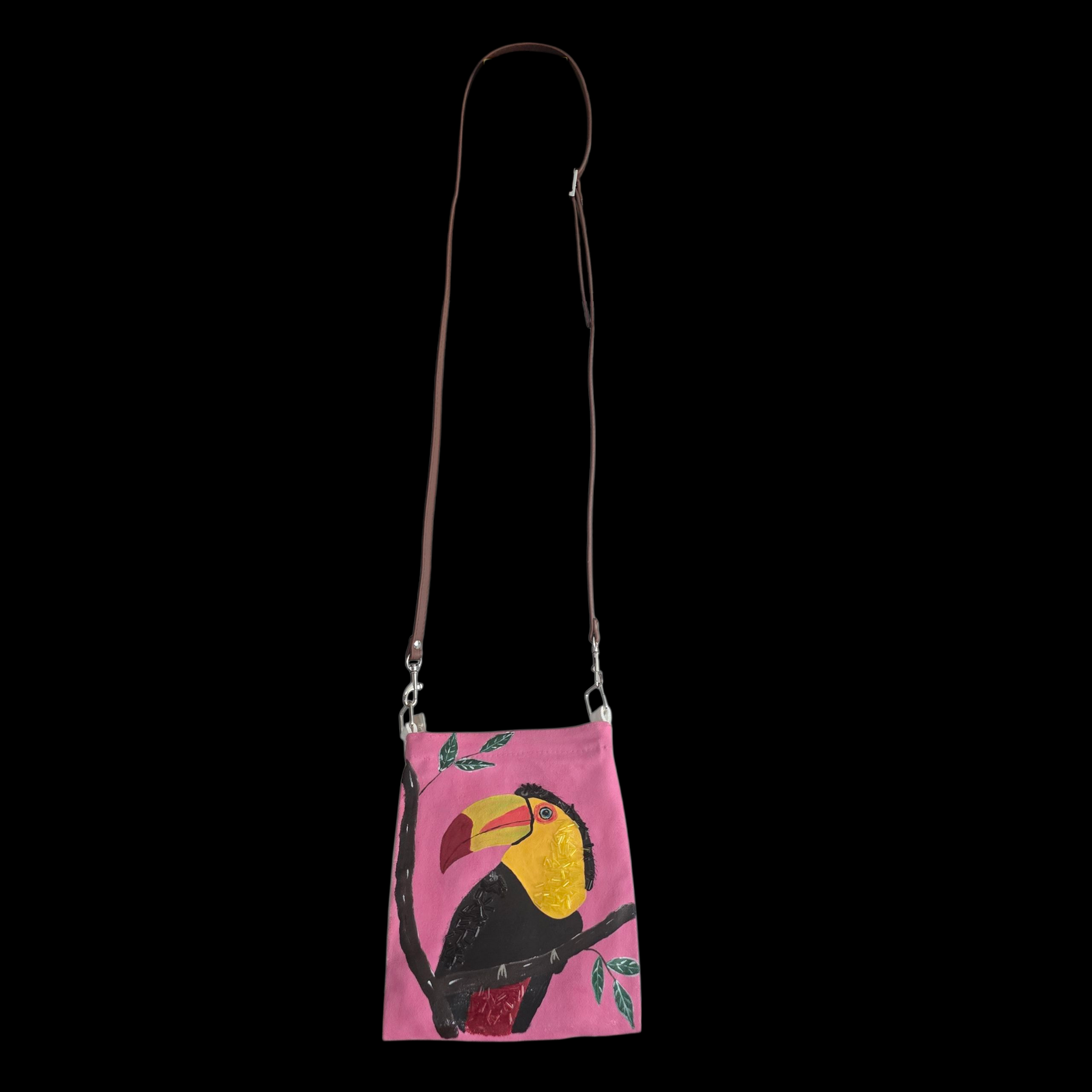 Toucan Small Canvas Crossbody Purse Hand-Painted Tropical Bird on Pink Background – Leather Strap
