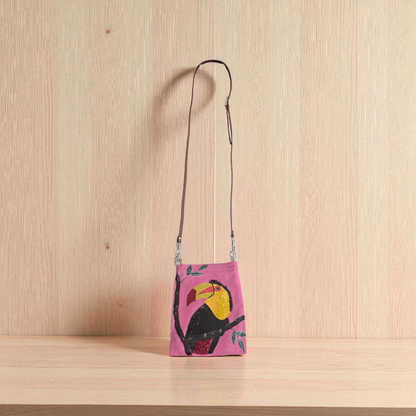 Toucan Small Canvas Crossbody Purse Hand-Painted Tropical Bird on Pink Background – Leather Strap