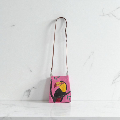 Toucan Small Canvas Crossbody Purse Hand-Painted Tropical Bird on Pink Background – Leather Strap