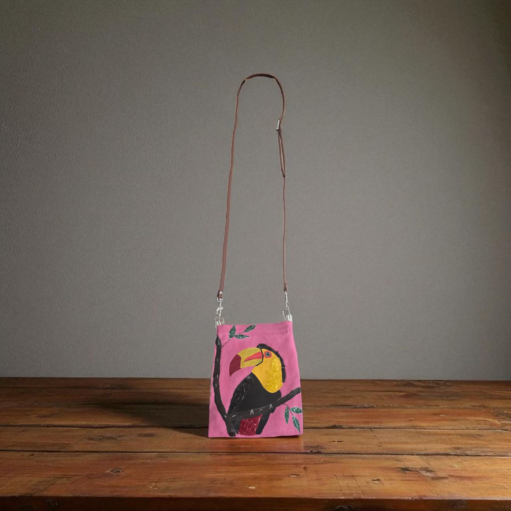 Toucan Small Canvas Crossbody Purse Hand-Painted Tropical Bird on Pink Background – Leather Strap