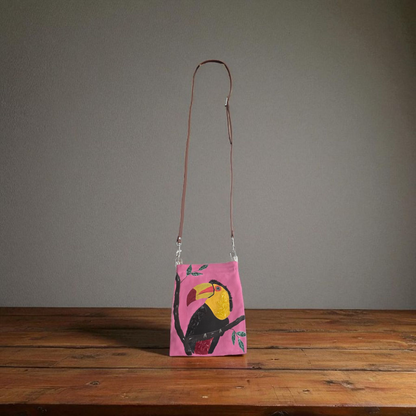Toucan Small Canvas Crossbody Purse Hand-Painted Tropical Bird on Pink Background – Leather Strap
